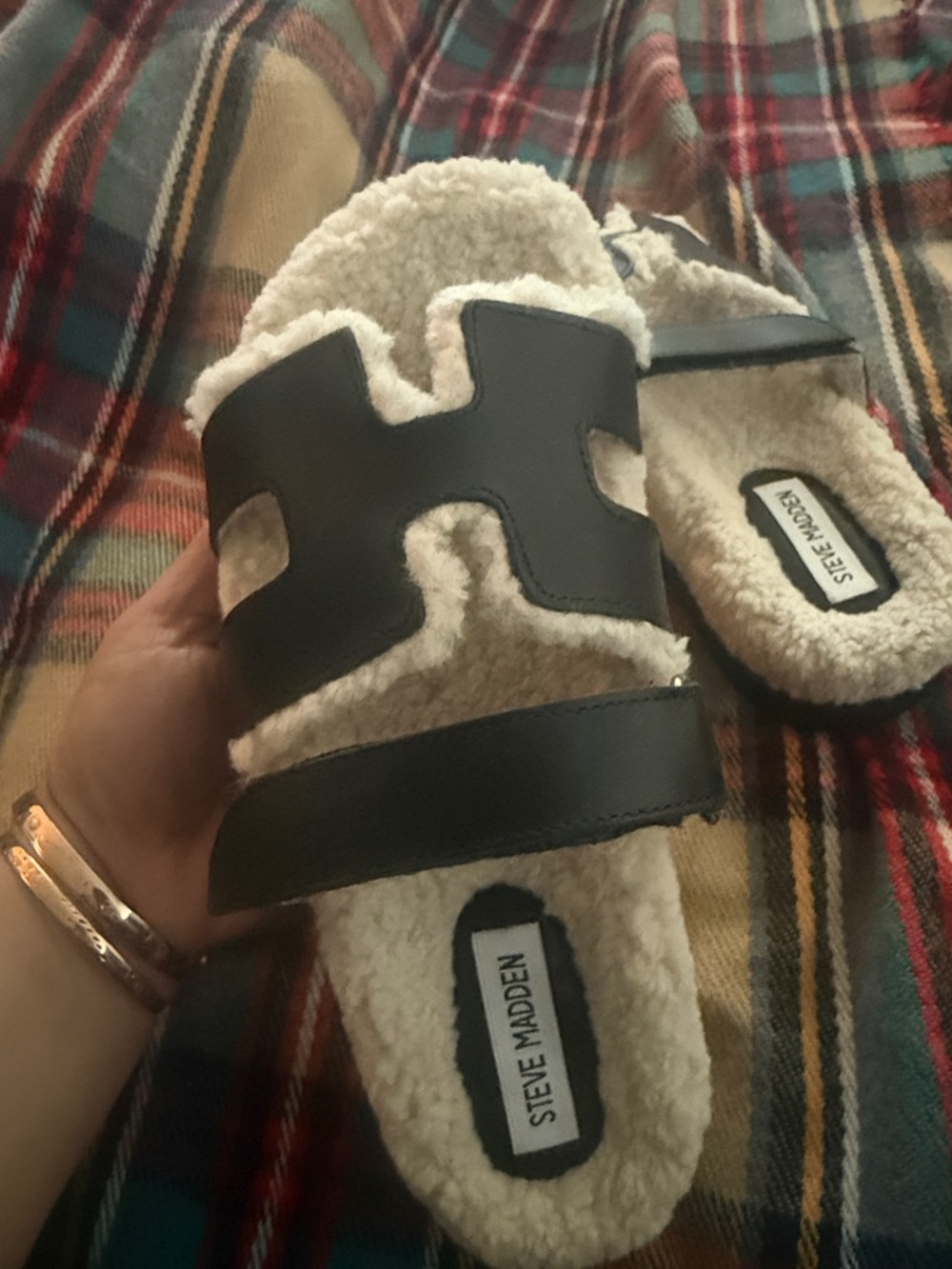 Steve Madden Black and Cream Fuzzy Slide Sandals - Picture 2 of 5